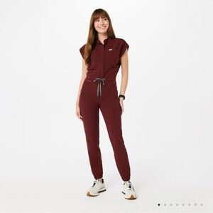 Figs Burgundy Rafaela Jumpsuit with Collared Top and Drawstring Waist